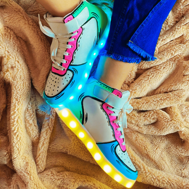 Light Me Up Sneakers - High Top (Color Block-Aqua) - The Quirky Naari